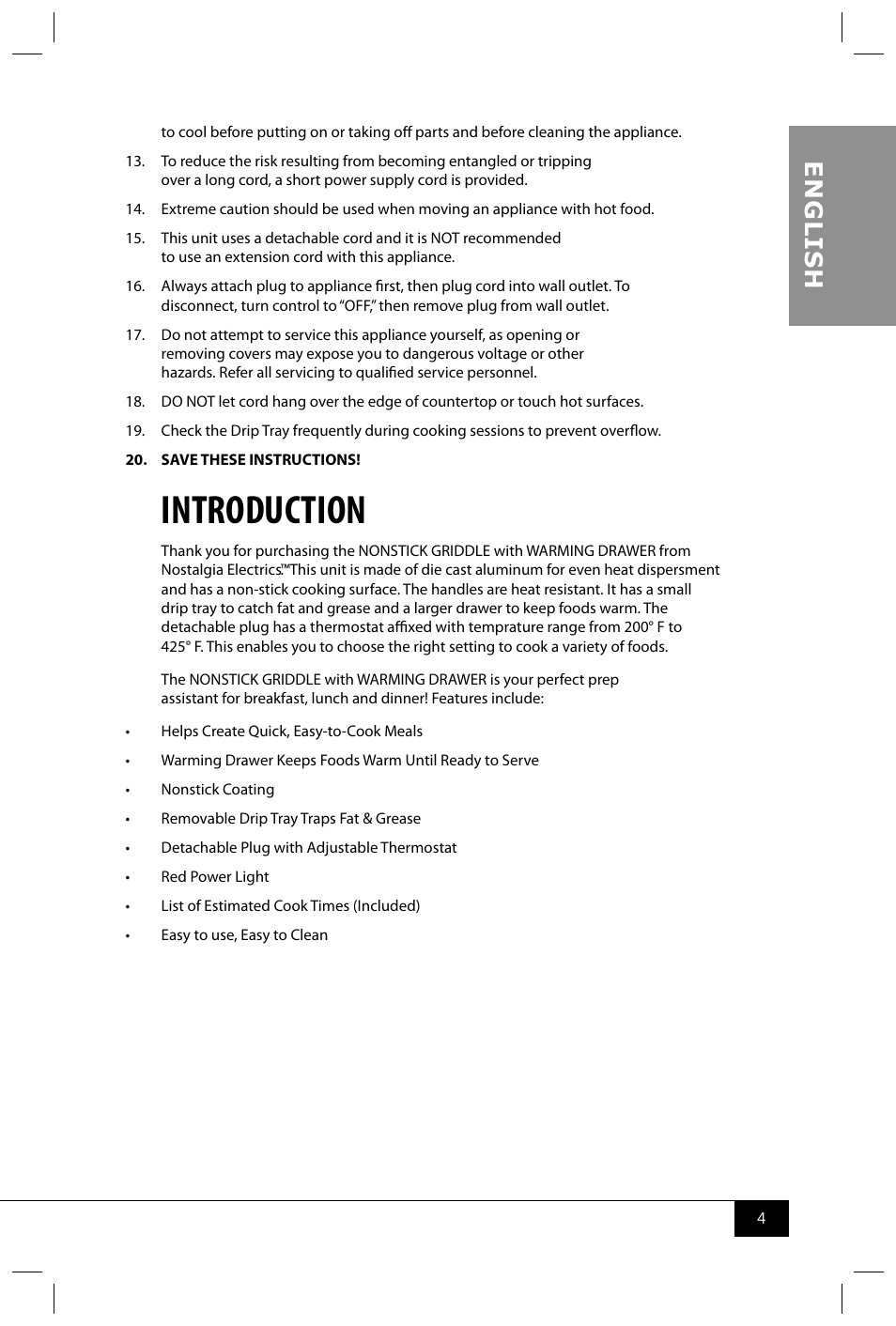 Introduction, En g li s h | Nostalgia Electrics NGD200 User Manual | Page 6 / 12