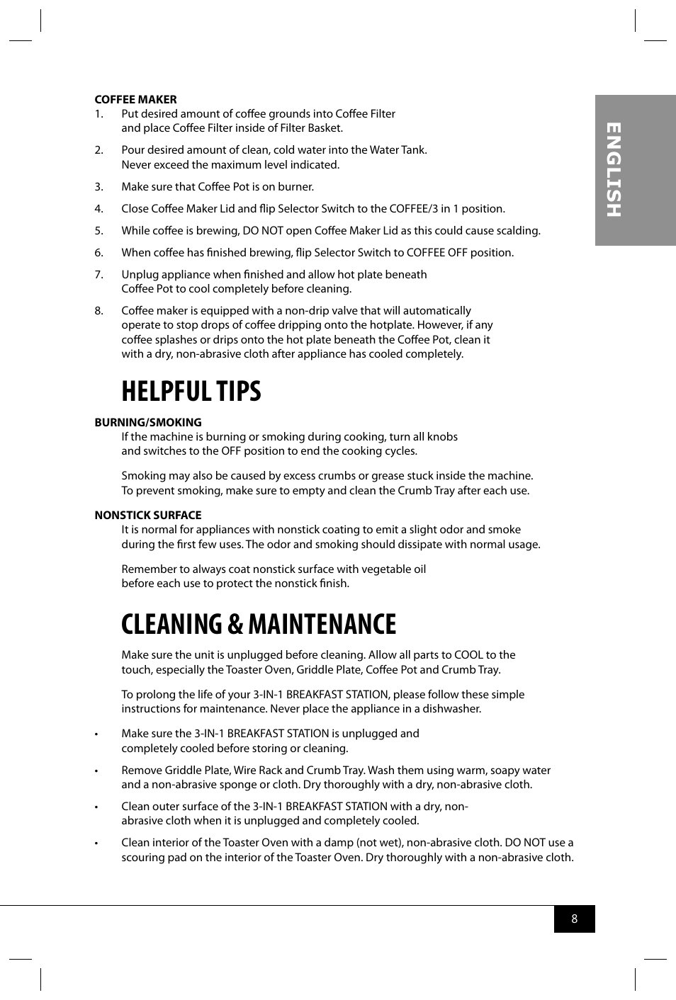 Helpful tips, Cleaning & maintenance, En g li s h | Nostalgia Electrics BSET300 SERIES User Manual | Page 10 / 31