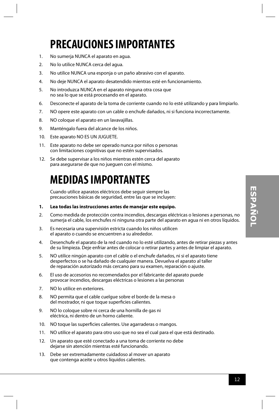 Precauciones importantes, Medidas importantes | Nostalgia Electrics BSET300 SERIES User Manual | Page 14 / 31