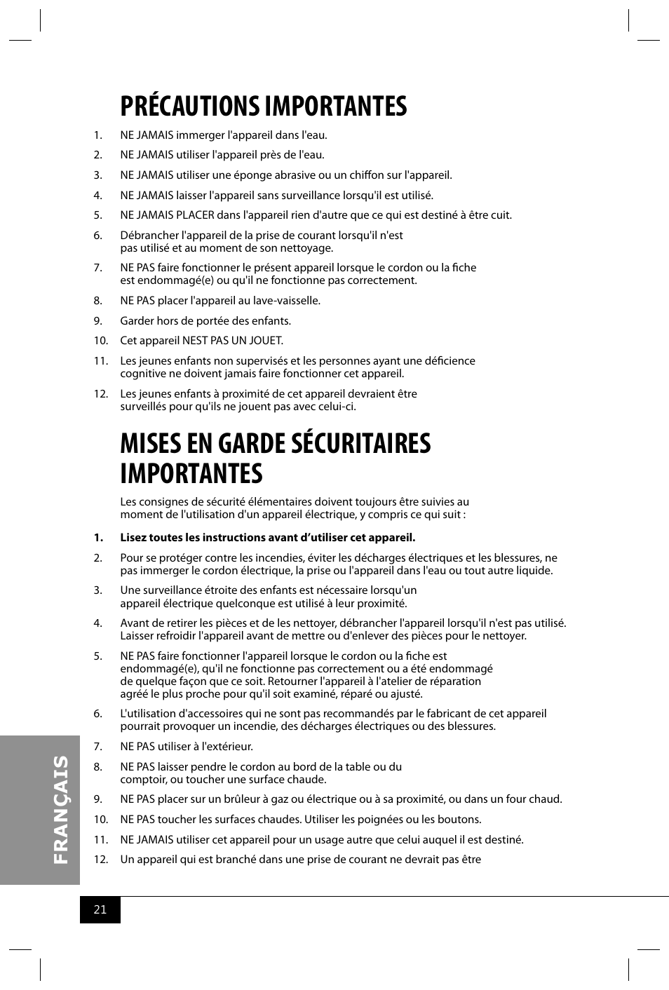 Précautions importantes, Mises en garde sécuritaires importantes | Nostalgia Electrics BSET300 SERIES User Manual | Page 23 / 31