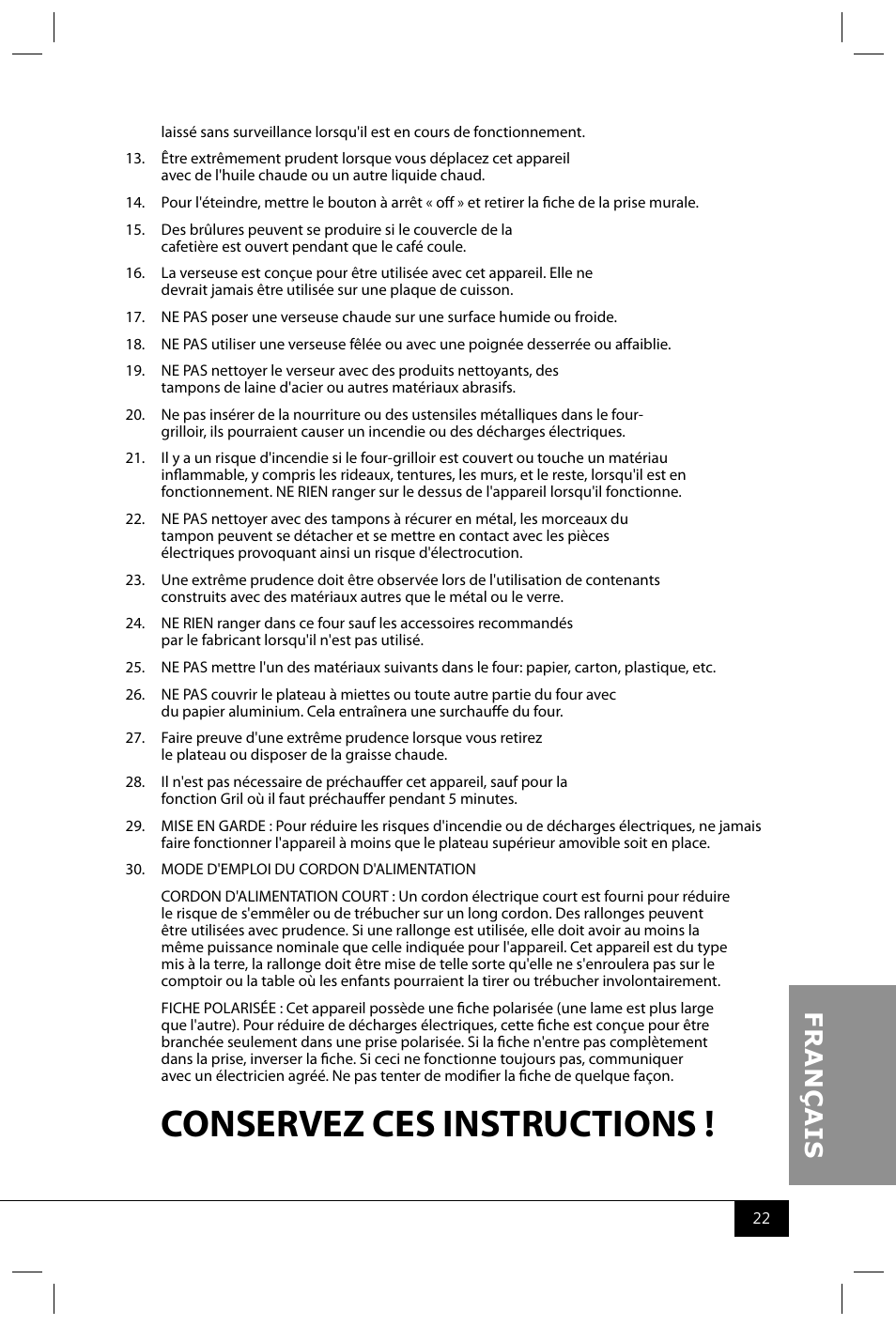 Conservez ces instructions | Nostalgia Electrics BSET300 SERIES User Manual | Page 24 / 31