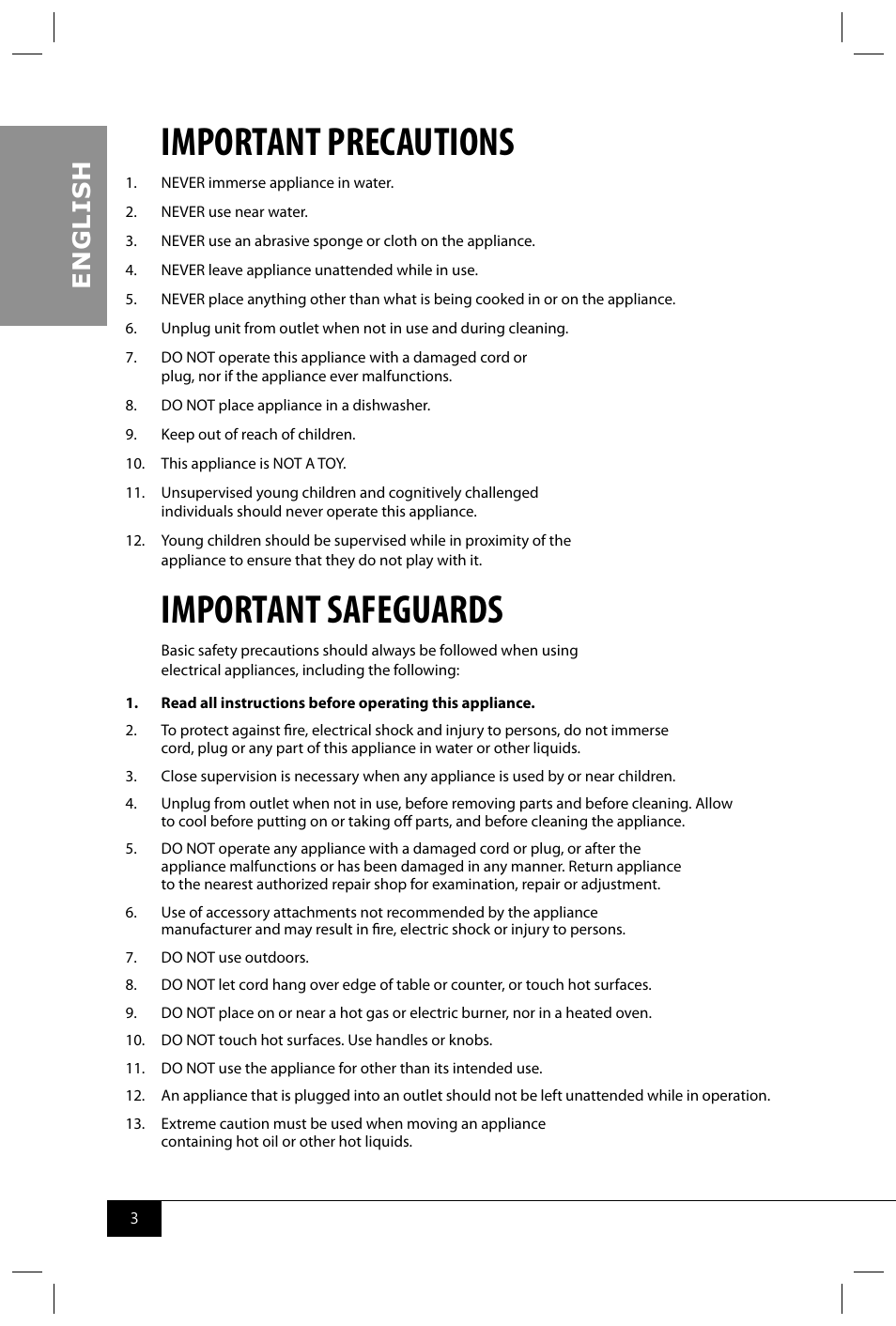 Important precautions, Important safeguards, En g li s h | Nostalgia Electrics BSET300 SERIES User Manual | Page 5 / 31