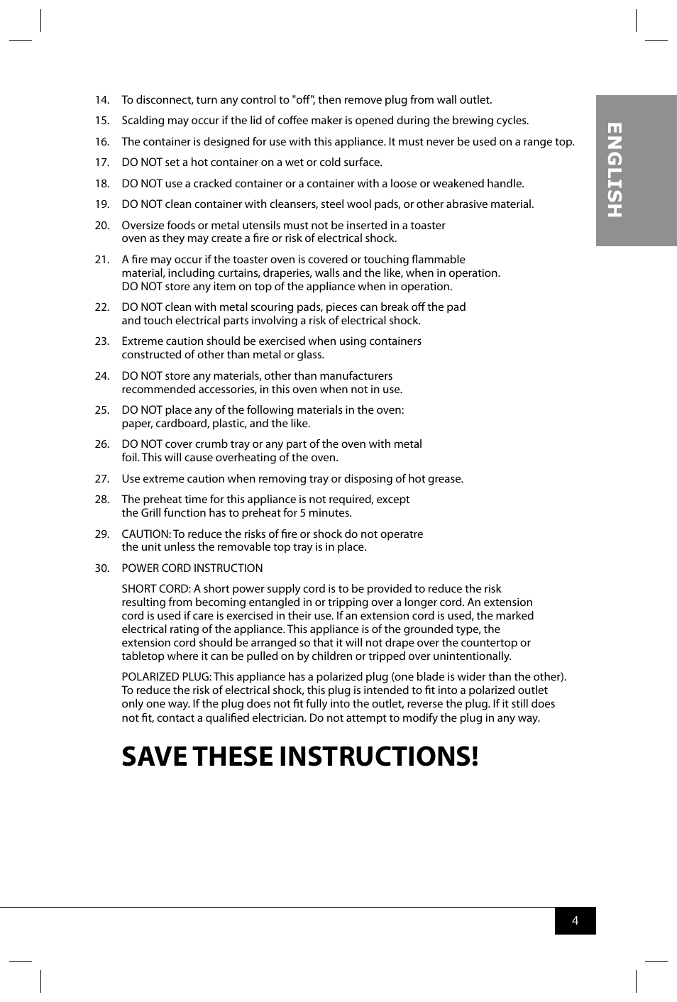 Save these instructions, En g li s h | Nostalgia Electrics BSET300 SERIES User Manual | Page 6 / 31