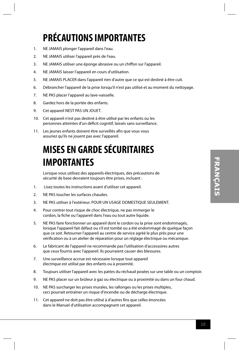 Précautions importantes, Mises en garde sécuritaires importantes | Nostalgia Electrics BCD992 User Manual | Page 12 / 26