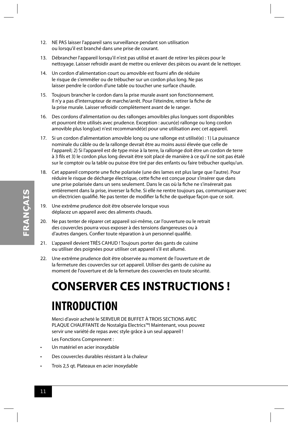 Introduction, Conserver ces instructions | Nostalgia Electrics BCD992 User Manual | Page 13 / 26