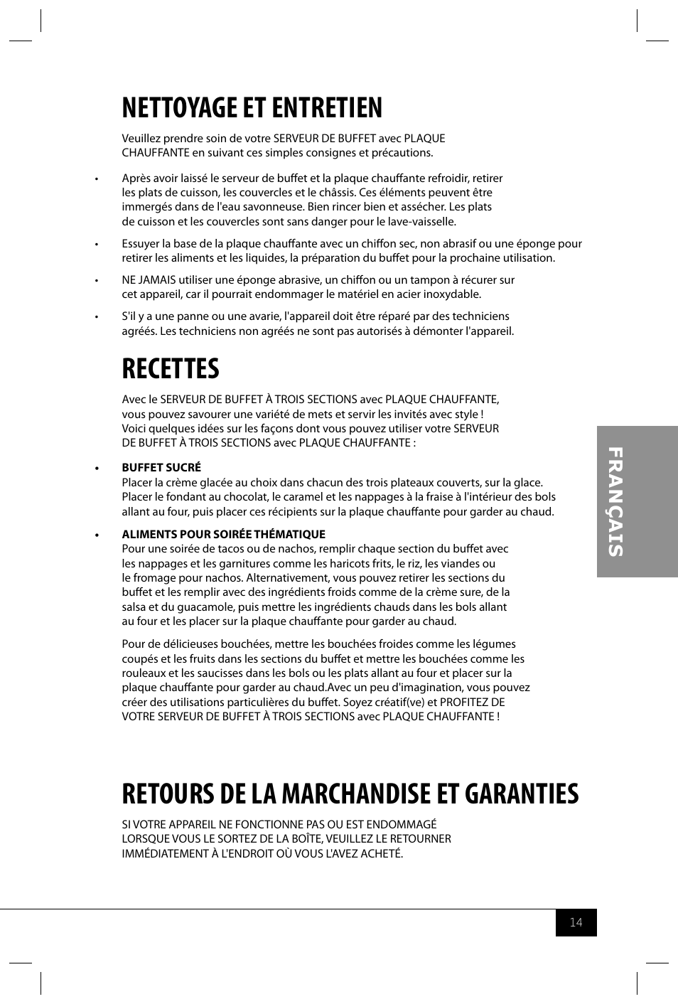 Nettoyage et entretien, Recettes, Retours de la marchandise et garanties | Nostalgia Electrics BCD992 User Manual | Page 16 / 26