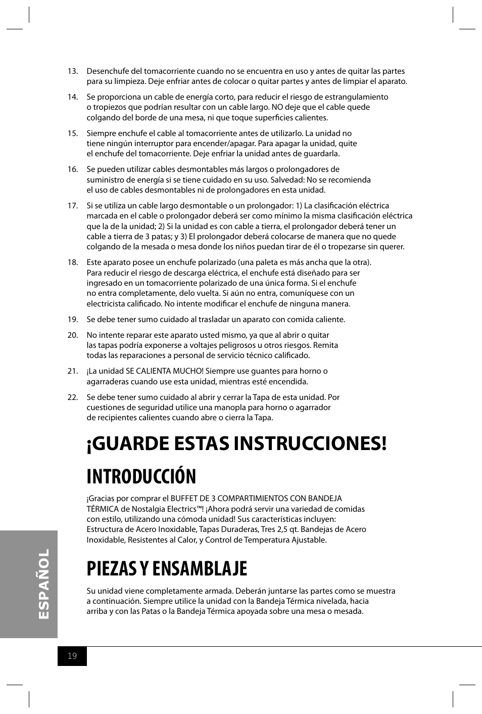 Introducción, Piezas y ensamblaje, Guarde estas instrucciones | Nostalgia Electrics BCD992 User Manual | Page 21 / 26