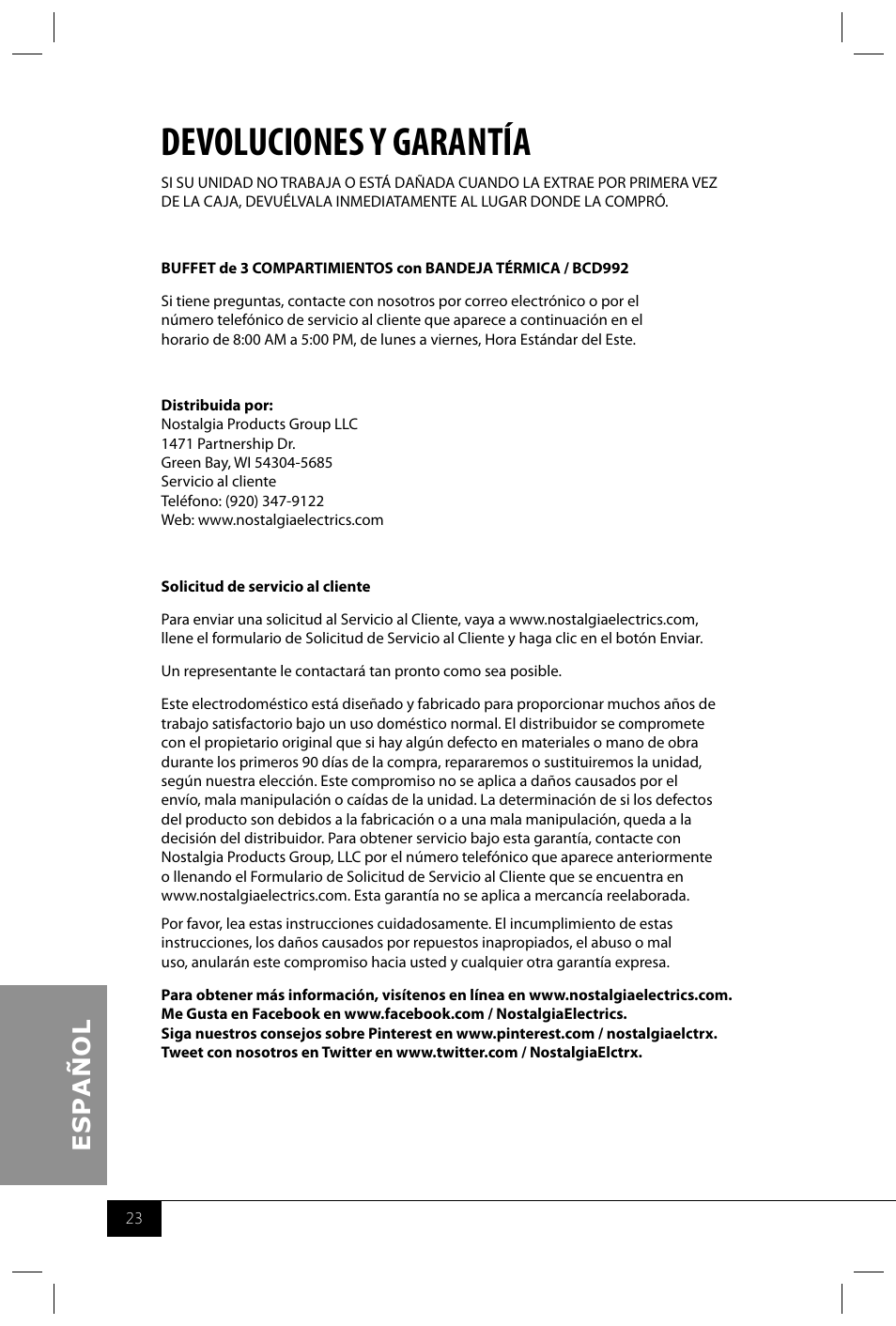 Devoluciones y garantía | Nostalgia Electrics BCD992 User Manual | Page 25 / 26