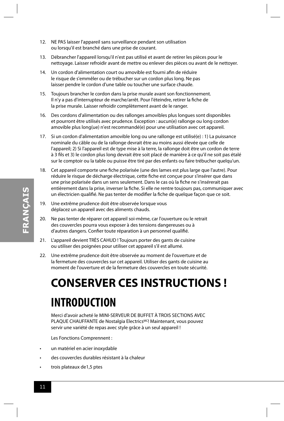 Introduction, Conserver ces instructions | Nostalgia Electrics BCD332 User Manual | Page 13 / 24