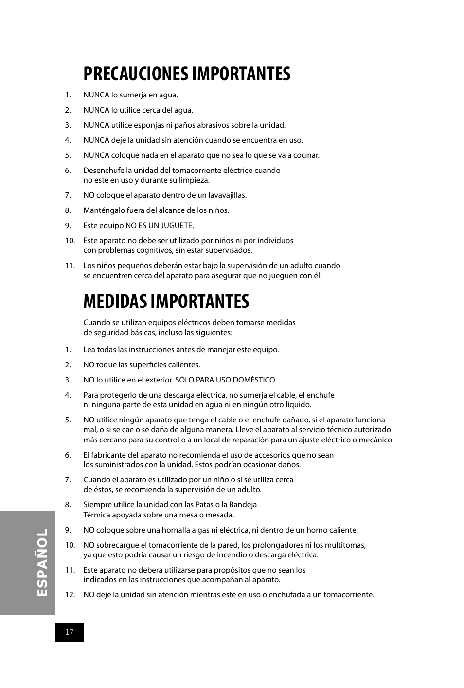 Precauciones importantes, Medidas importantes | Nostalgia Electrics BCD332 User Manual | Page 19 / 24