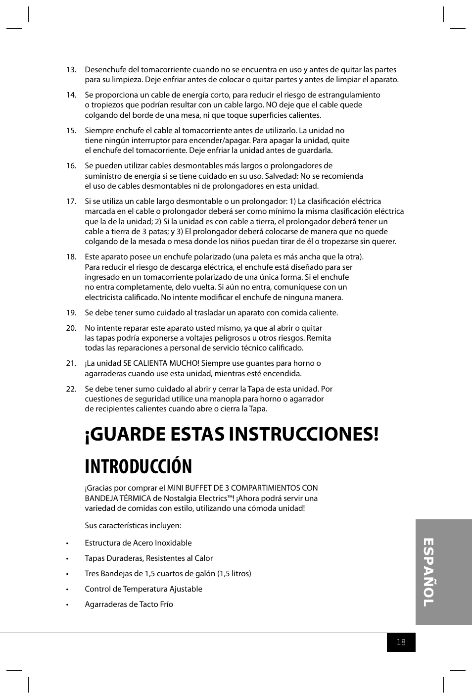 Introducción, Guarde estas instrucciones | Nostalgia Electrics BCD332 User Manual | Page 20 / 24