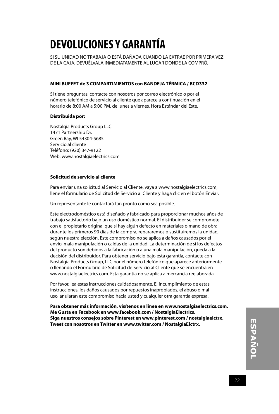 Devoluciones y garantía | Nostalgia Electrics BCD332 User Manual | Page 24 / 24