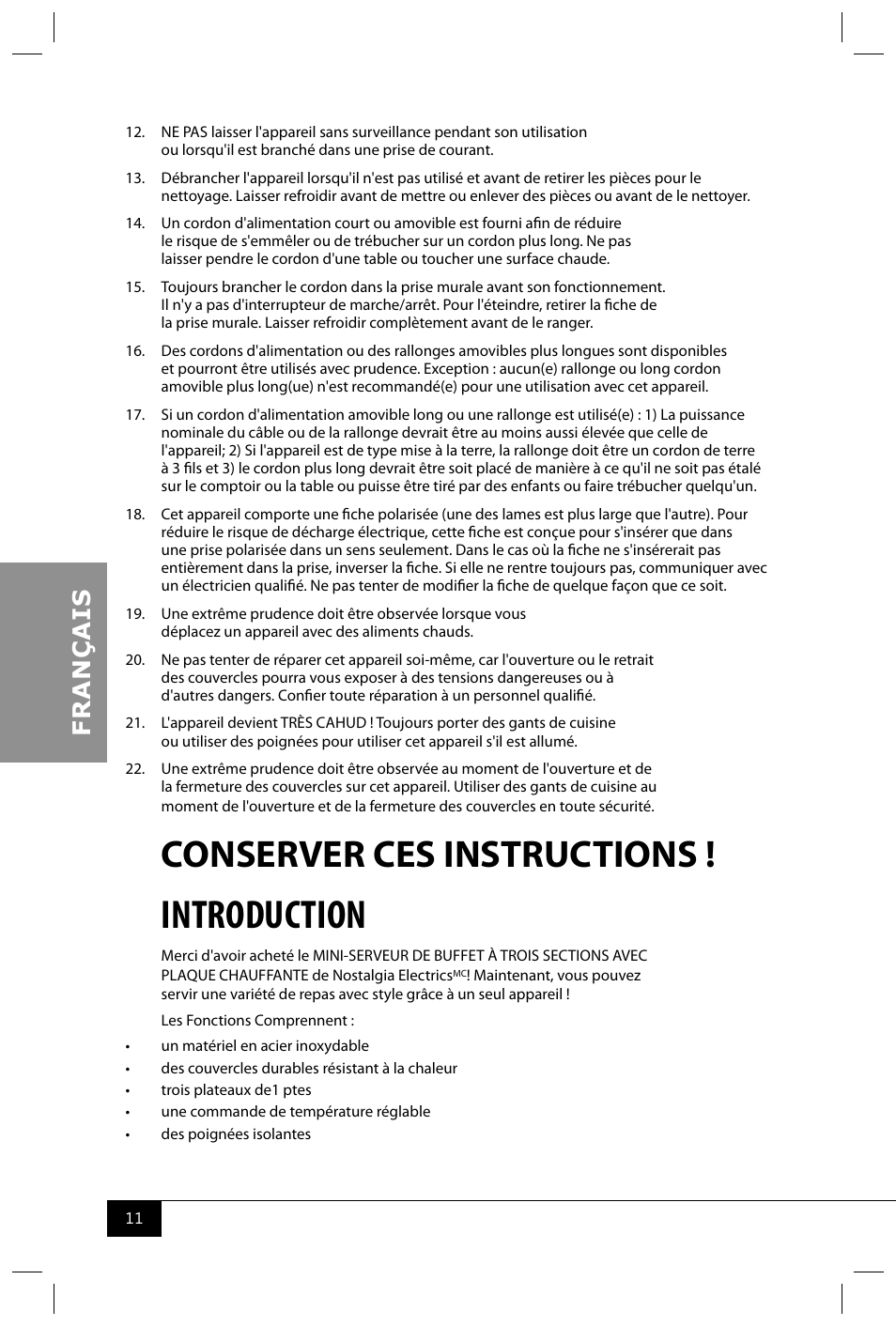 Introduction, Conserver ces instructions | Nostalgia Electrics BCD122 User Manual | Page 13 / 26