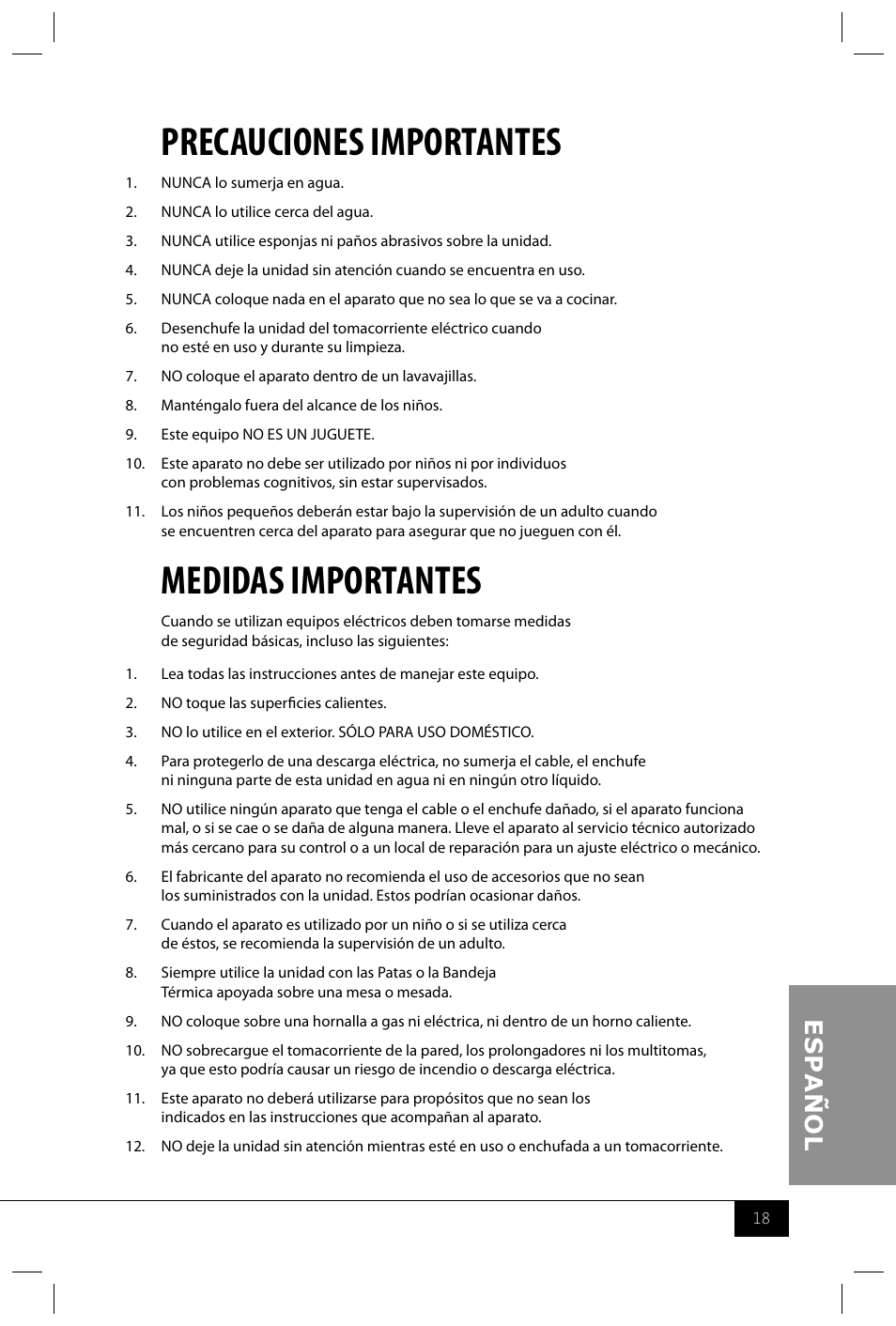 Precauciones importantes, Medidas importantes | Nostalgia Electrics BCD122 User Manual | Page 20 / 26