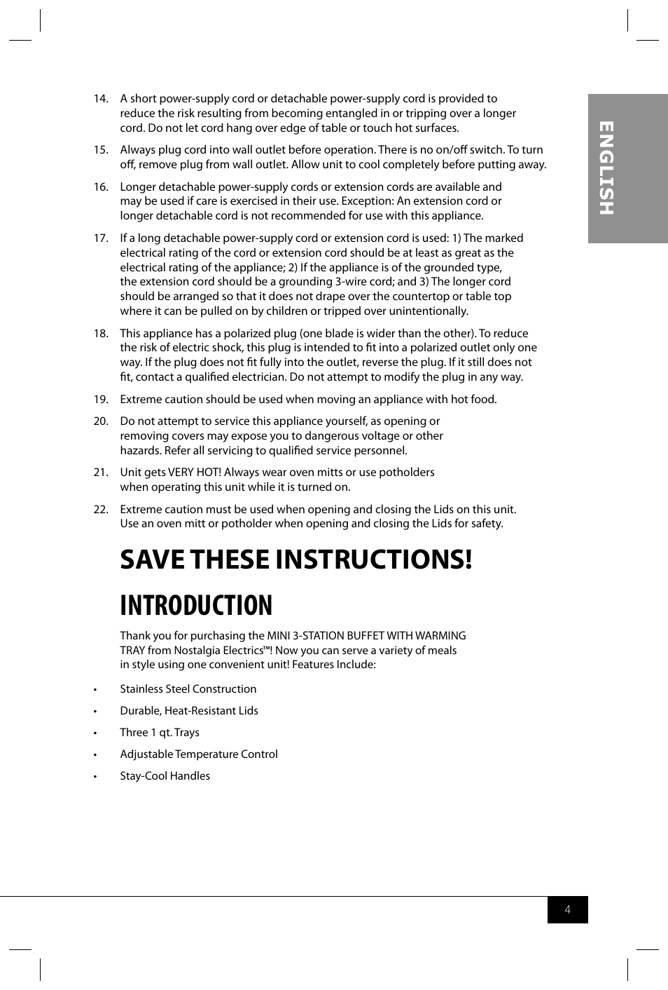 Introduction, Save these instructions, En g li s h | Nostalgia Electrics BCD122 User Manual | Page 6 / 26