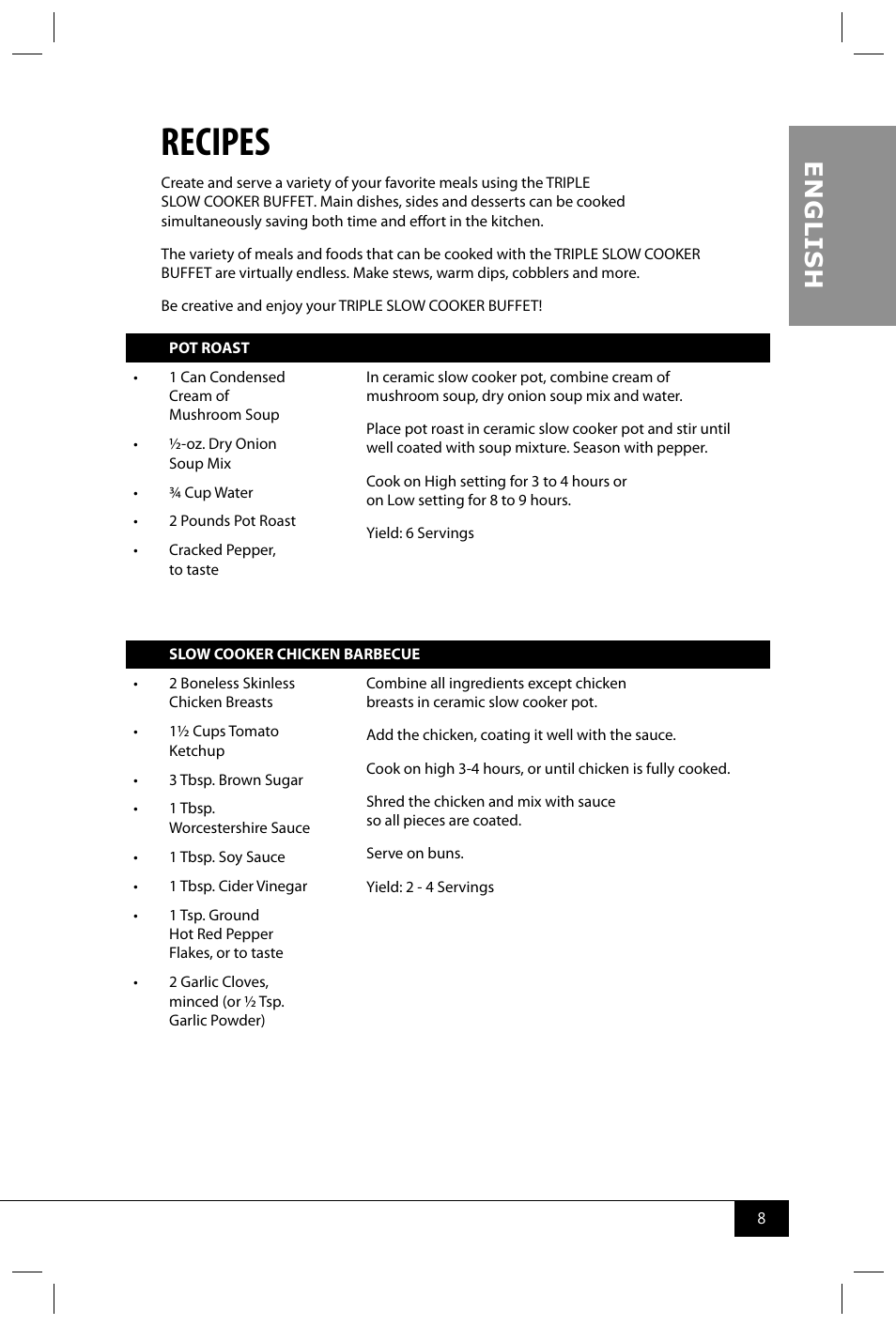Recipes, En g li s h | Nostalgia Electrics TSC150 SERIES User Manual | Page 10 / 40