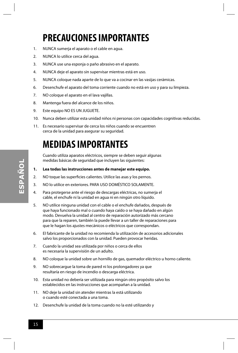 Precauciones importantes, Medidas importantes | Nostalgia Electrics TSC150 SERIES User Manual | Page 17 / 40
