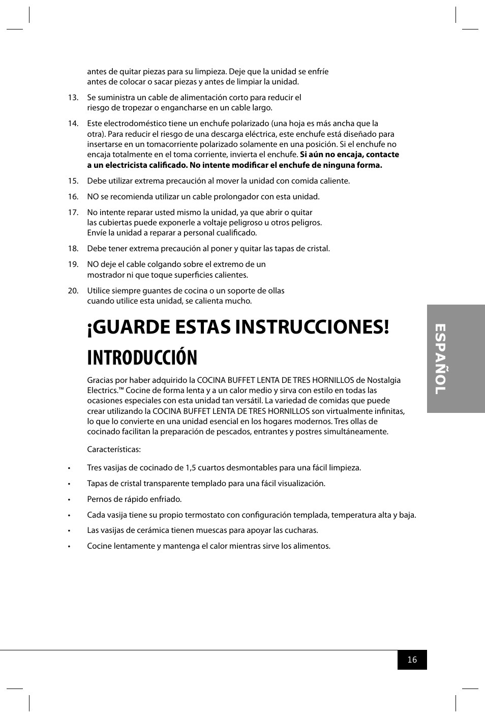 Introducción, Guarde estas instrucciones | Nostalgia Electrics TSC150 SERIES User Manual | Page 18 / 40