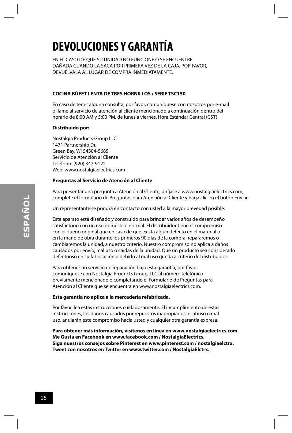 Devoluciones y garantía | Nostalgia Electrics TSC150 SERIES User Manual | Page 27 / 40