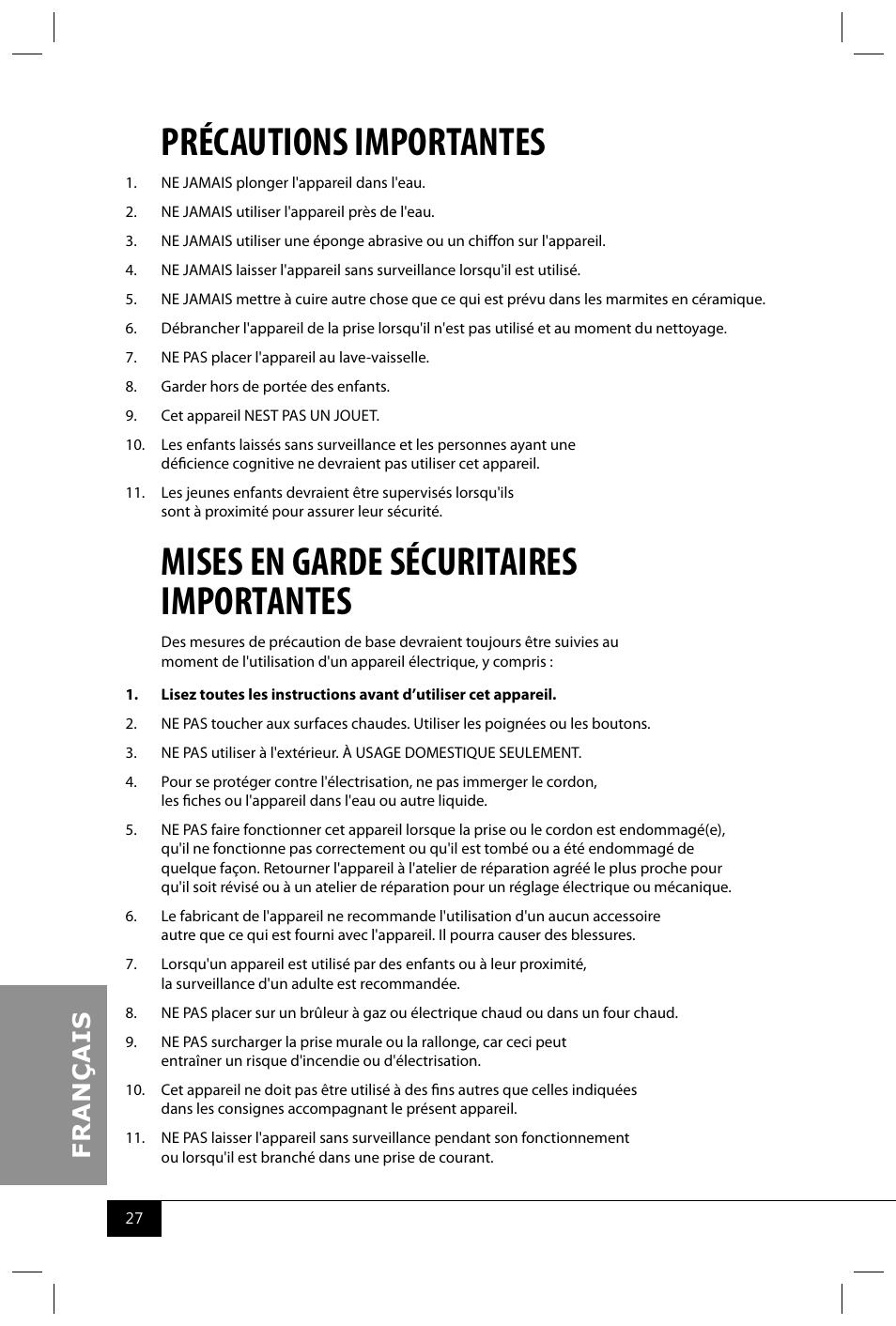 Précautions importantes, Mises en garde sécuritaires importantes | Nostalgia Electrics TSC150 SERIES User Manual | Page 29 / 40