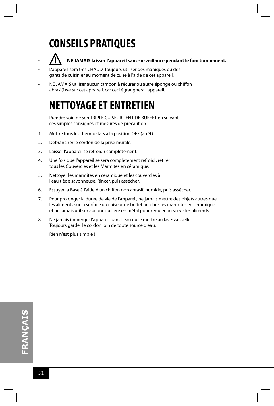 Conseils pratiques, Nettoyage et entretien | Nostalgia Electrics TSC150 SERIES User Manual | Page 33 / 40