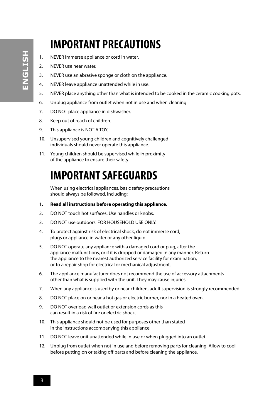 Important precautions, Important safeguards, En g li s h | Nostalgia Electrics TSC150 SERIES User Manual | Page 5 / 40
