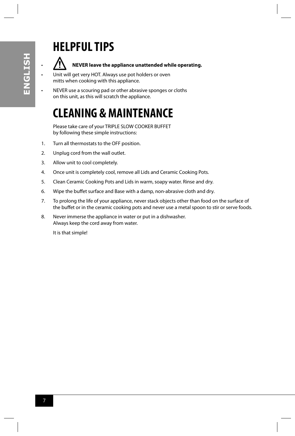 Helpful tips, Cleaning & maintenance, En g li s h | Nostalgia Electrics TSC150 SERIES User Manual | Page 9 / 40