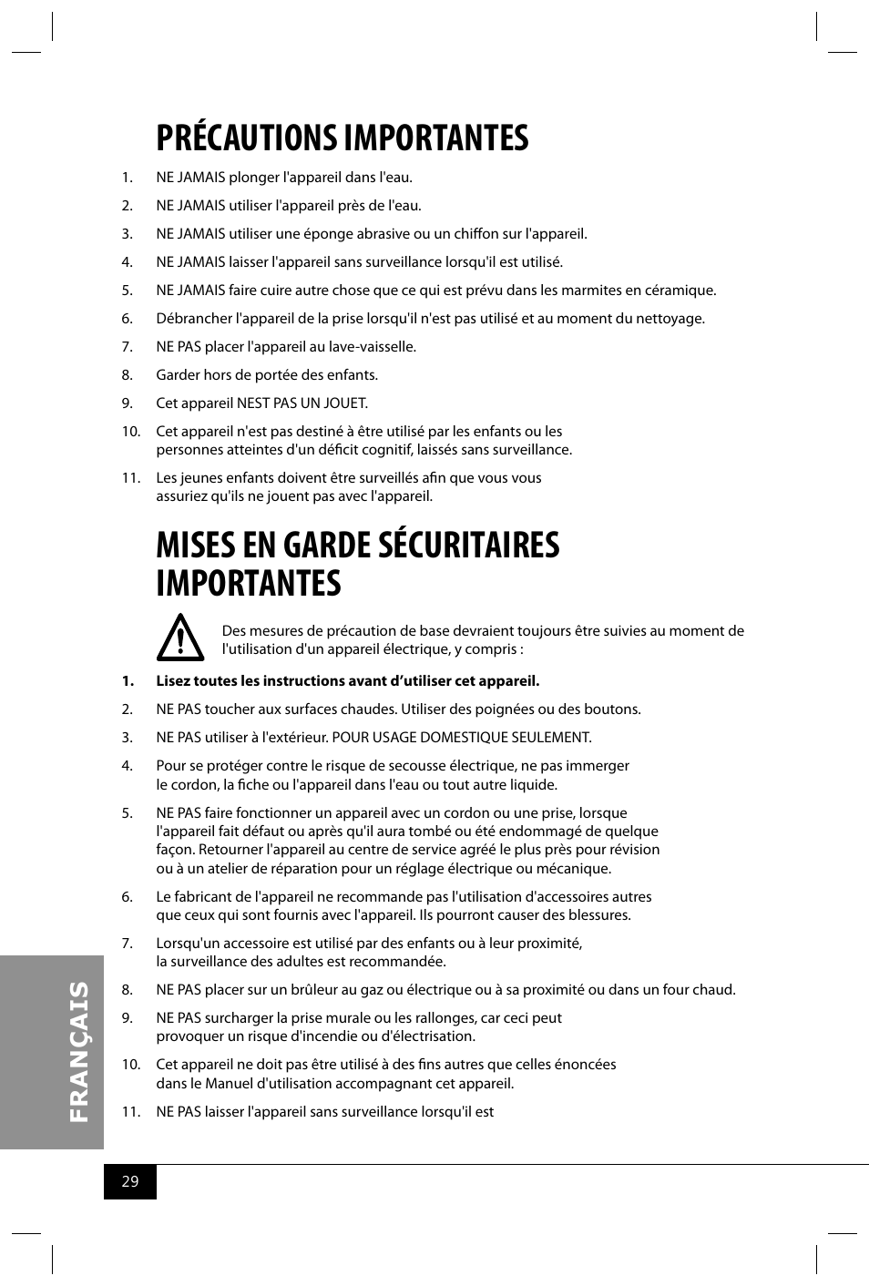 Précautions importantes, Mises en garde sécuritaires importantes | Nostalgia Electrics TDO200SS User Manual | Page 31 / 42
