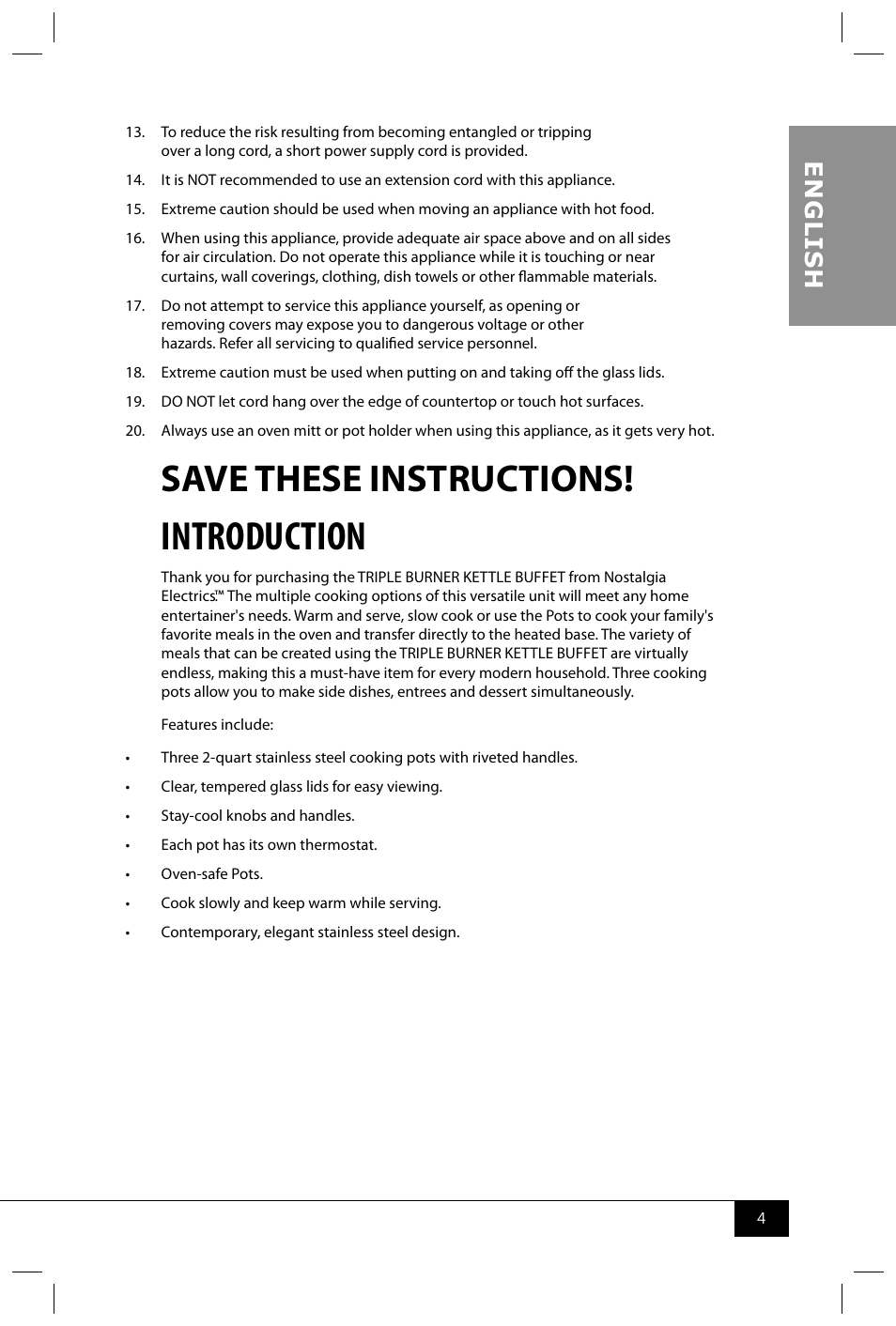 Introduction, Save these instructions, En g li s h | Nostalgia Electrics TDO200SS User Manual | Page 6 / 42