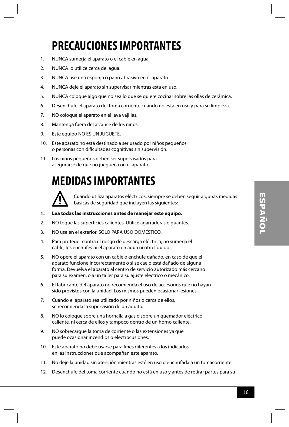 Precauciones importantes, Medidas importantes | Nostalgia Electrics TDO150SS User Manual | Page 18 / 42