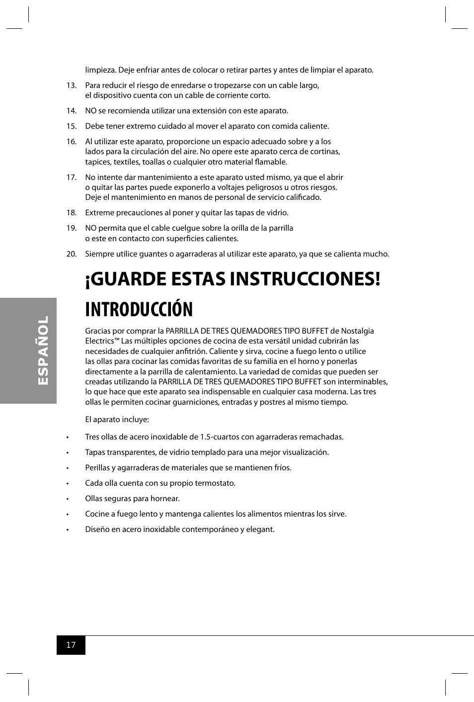 Introducción, Guarde estas instrucciones | Nostalgia Electrics TDO150SS User Manual | Page 19 / 42