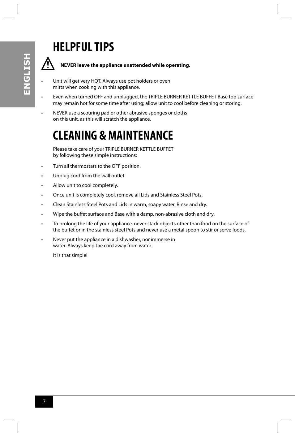Helpful tips, Cleaning & maintenance, En g li s h | Nostalgia Electrics TDO150SS User Manual | Page 9 / 42