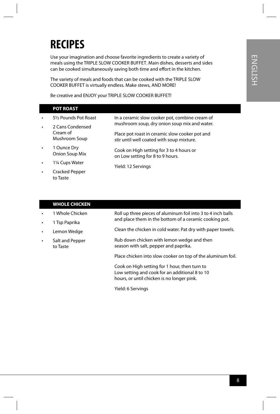 Recipes, En g lis h | Nostalgia Electrics TSC250 SERIES User Manual | Page 10 / 16