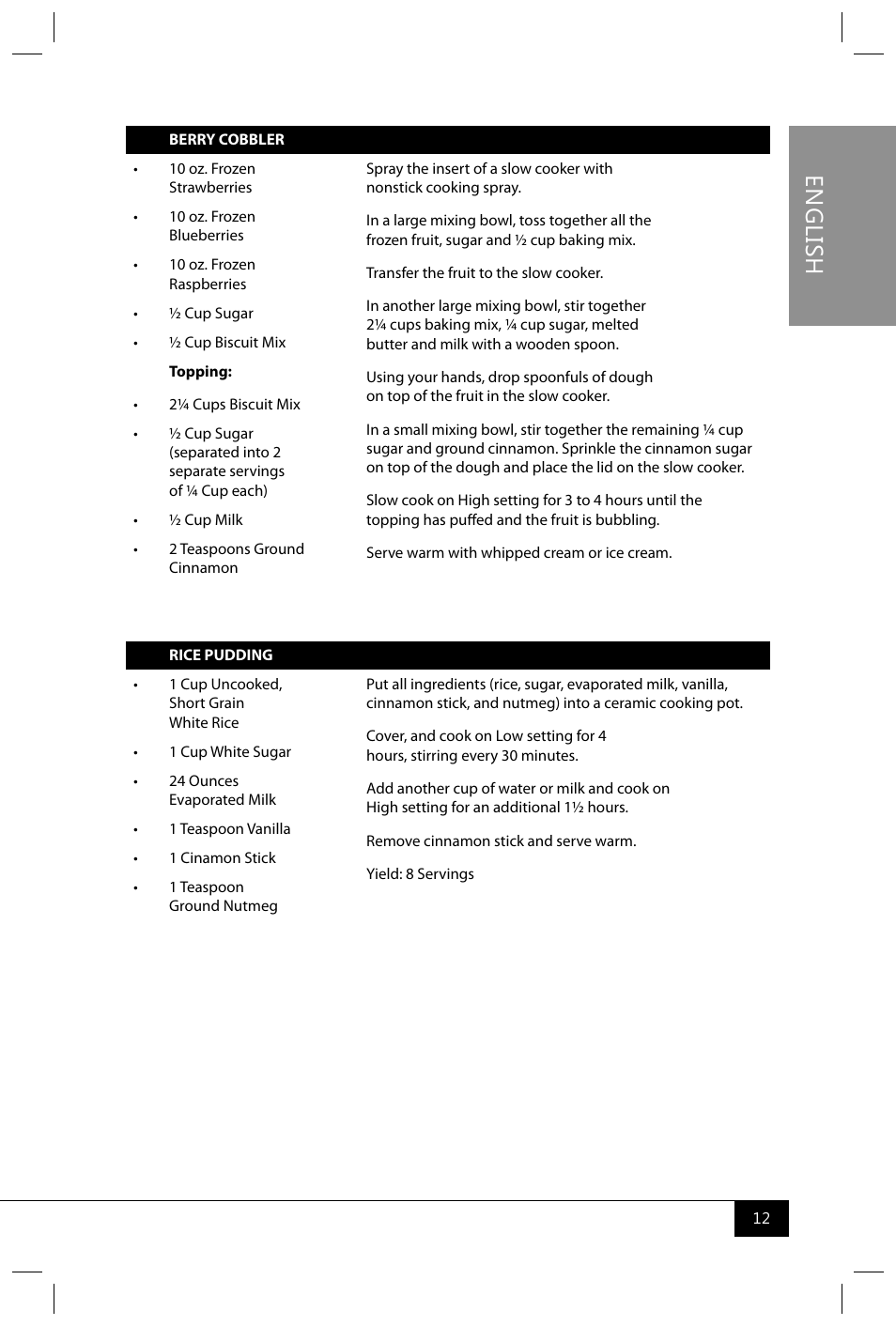 En g lis h | Nostalgia Electrics TSC250 SERIES User Manual | Page 14 / 16