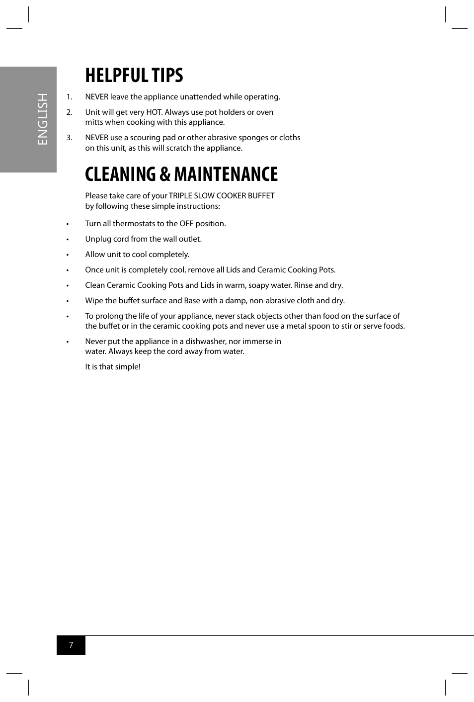 Helpful tips, Cleaning & maintenance, En g li sh | Nostalgia Electrics TSC250 SERIES User Manual | Page 9 / 16