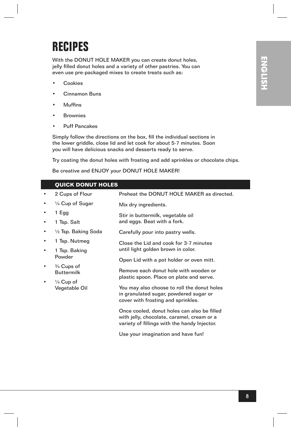 Recipes, English | Nostalgia Electrics JFD100 SERIES User Manual | Page 10 / 36