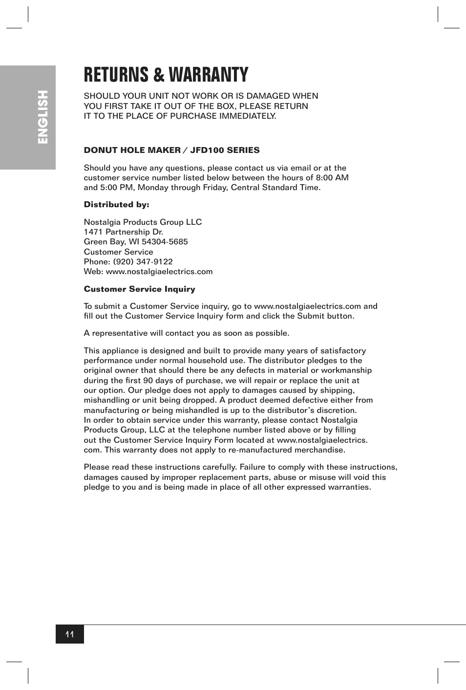 Returns & warranty, English | Nostalgia Electrics JFD100 SERIES User Manual | Page 13 / 36