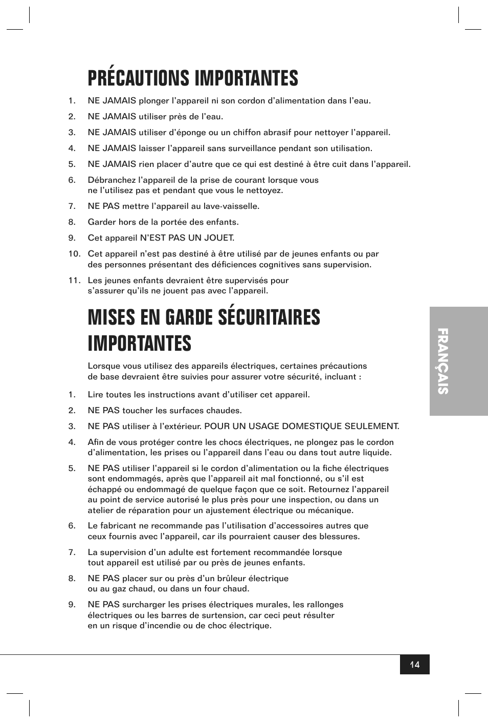 Précautions importantes, Mises en garde sécuritaires importantes, Français | Nostalgia Electrics JFD100 SERIES User Manual | Page 16 / 36