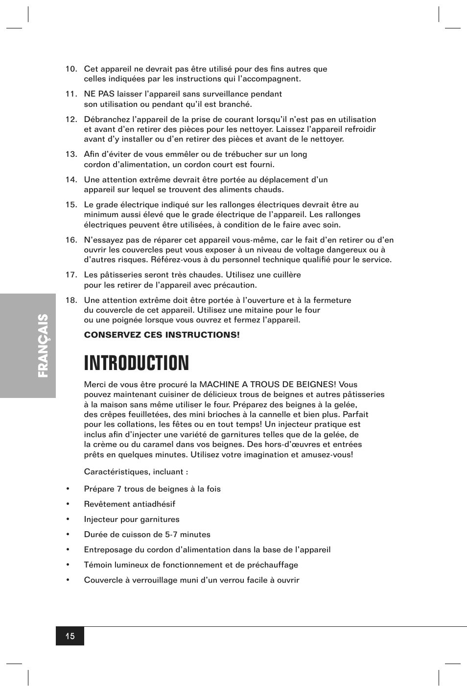 Introduction, Français | Nostalgia Electrics JFD100 SERIES User Manual | Page 17 / 36