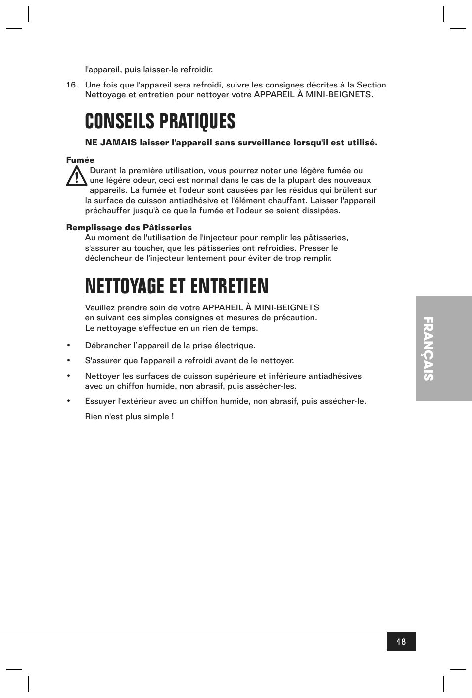 Conseils pratiques, Nettoyage et entretien, Français | Nostalgia Electrics JFD100 SERIES User Manual | Page 20 / 36