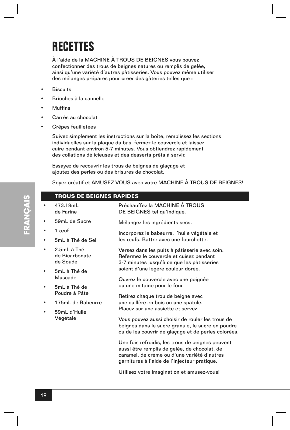 Recettes, Français | Nostalgia Electrics JFD100 SERIES User Manual | Page 21 / 36