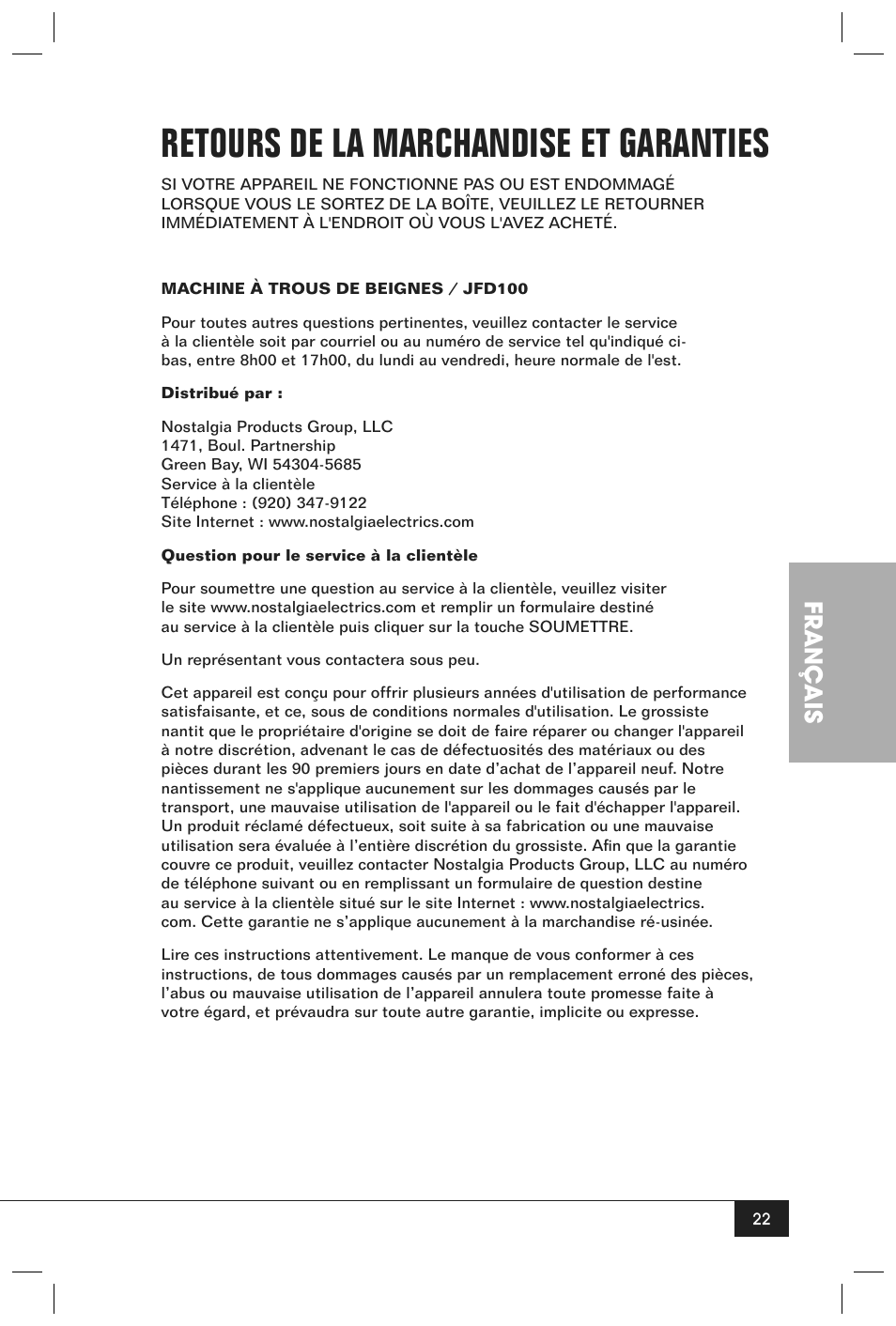 Retours de la marchandise et garanties, Français | Nostalgia Electrics JFD100 SERIES User Manual | Page 24 / 36