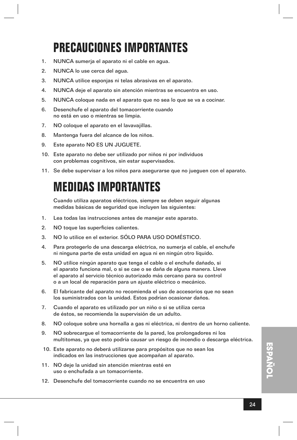Precauciones importantes, Medidas importantes, Esp añol | Nostalgia Electrics JFD100 SERIES User Manual | Page 26 / 36
