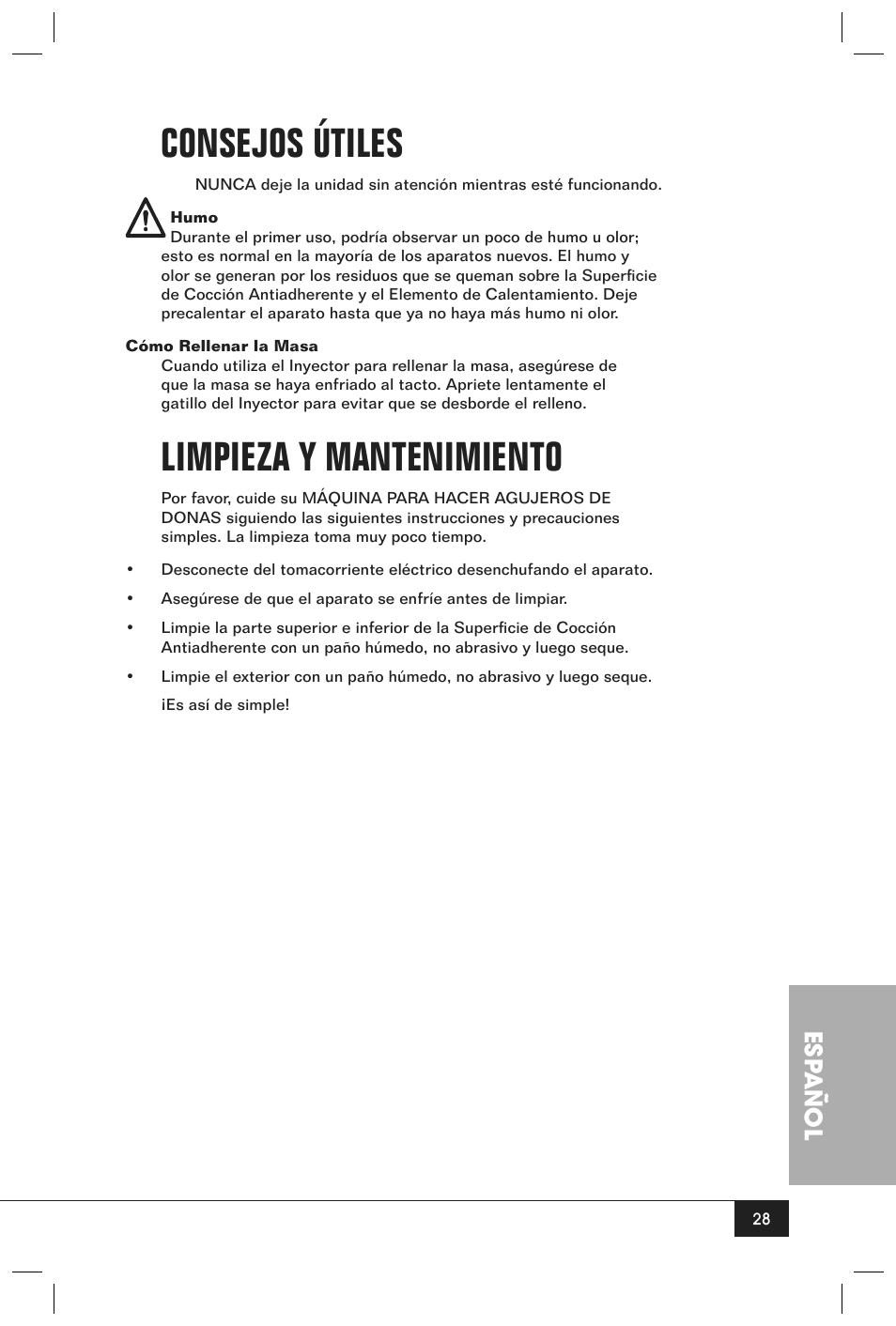 Consejos útiles, Limpieza y mantenimiento, Esp añol | Nostalgia Electrics JFD100 SERIES User Manual | Page 30 / 36