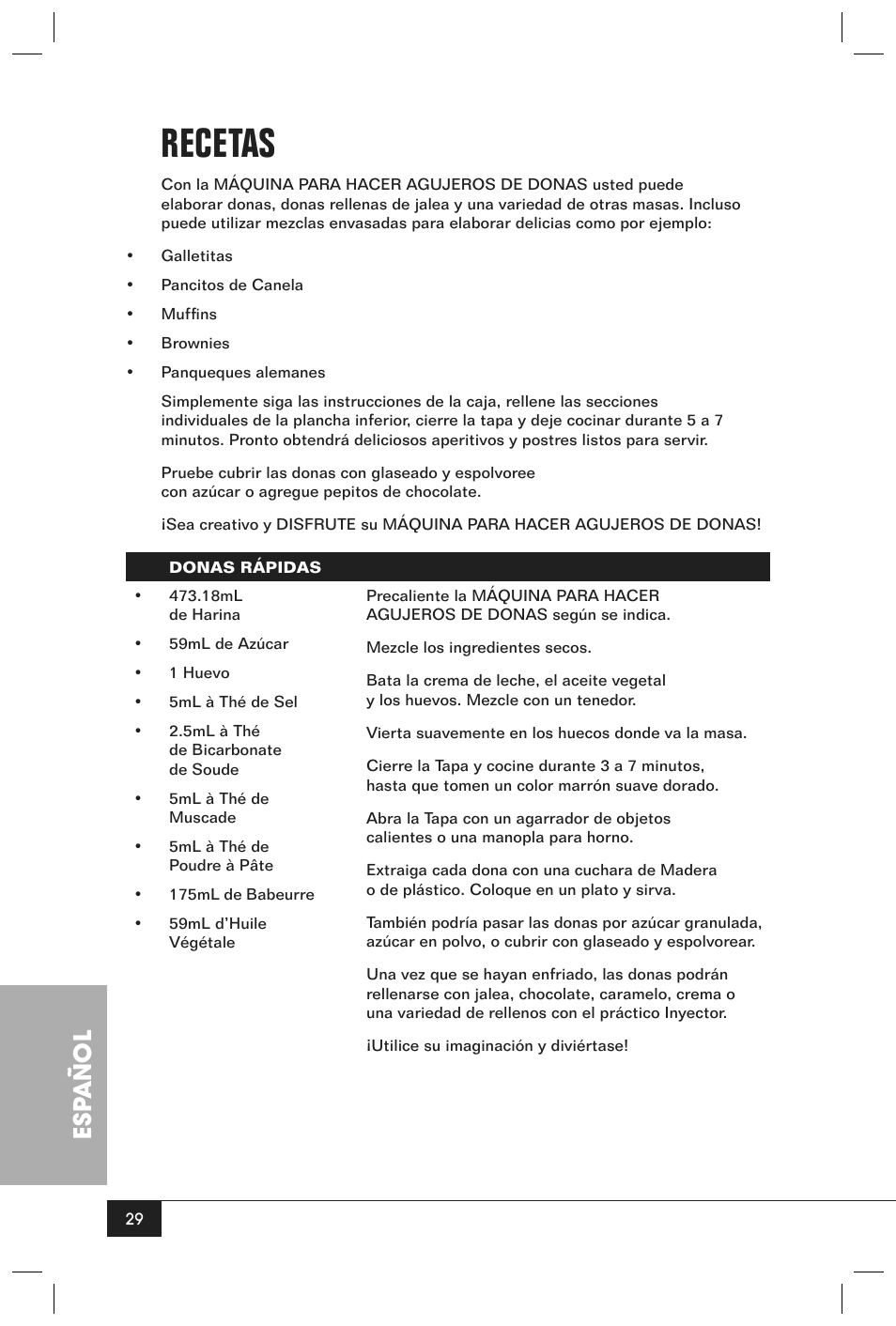 Recetas, Esp añol | Nostalgia Electrics JFD100 SERIES User Manual | Page 31 / 36