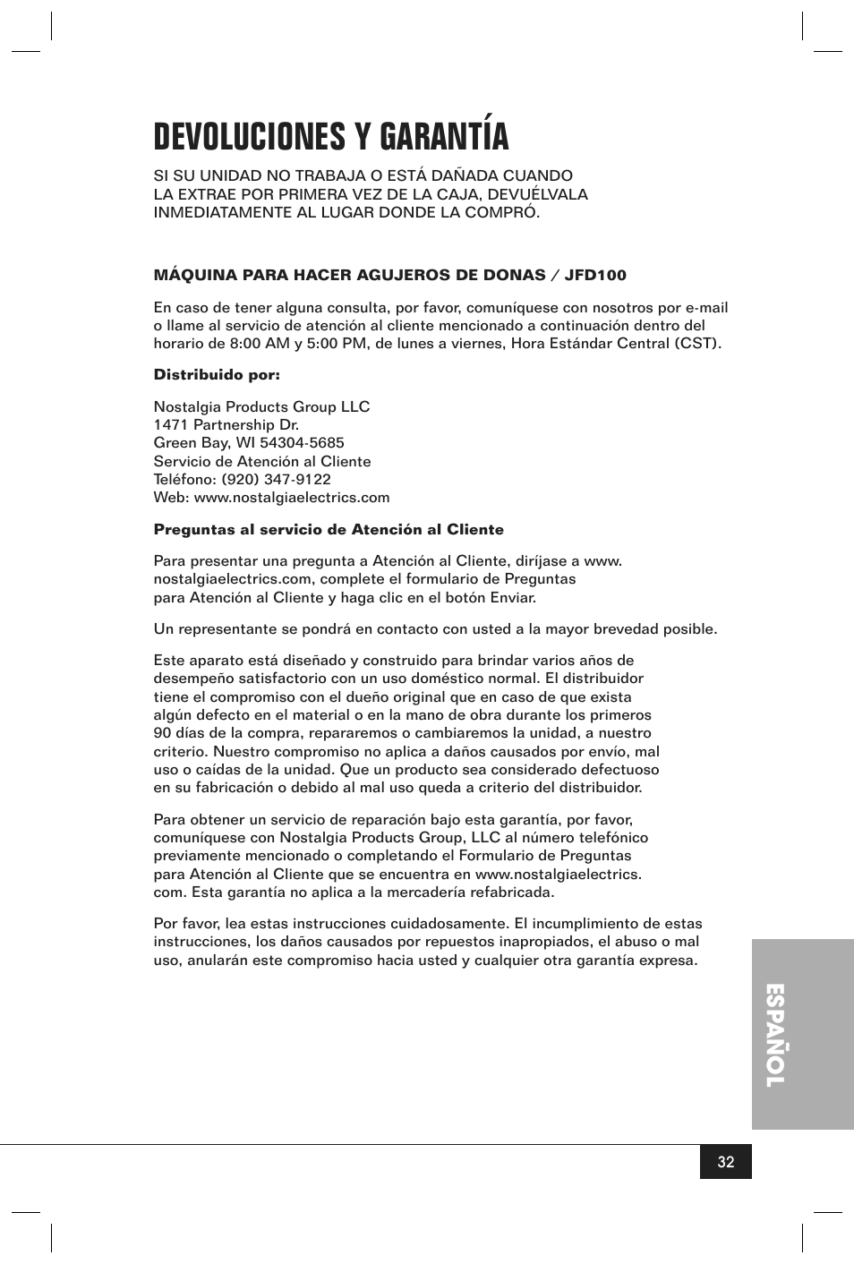 Devoluciones y garantía, Esp añol | Nostalgia Electrics JFD100 SERIES User Manual | Page 34 / 36