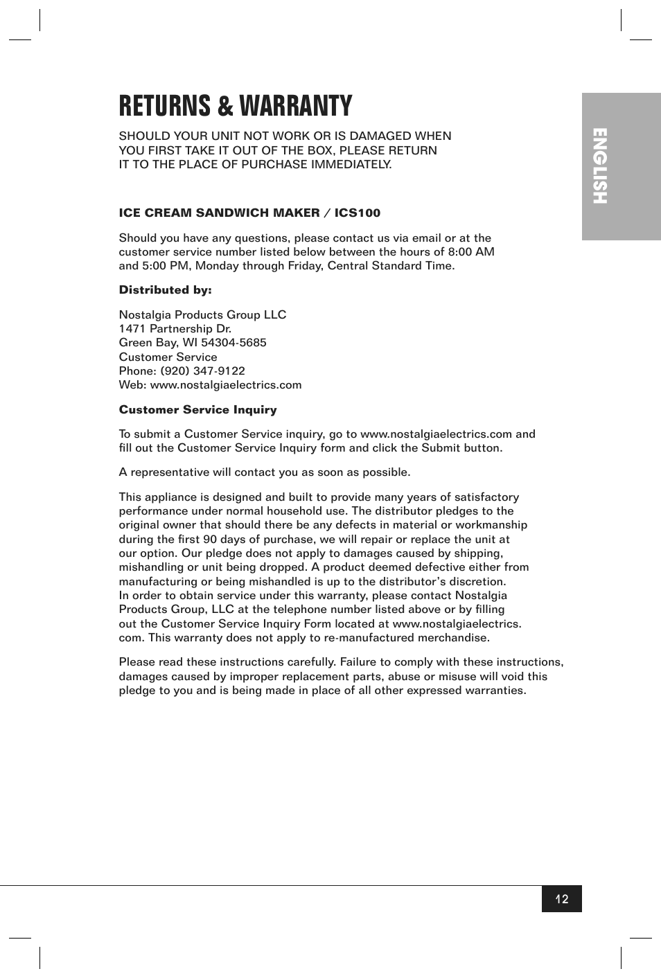 Returns & warranty, English | Nostalgia Electrics ICS100 User Manual | Page 14 / 16