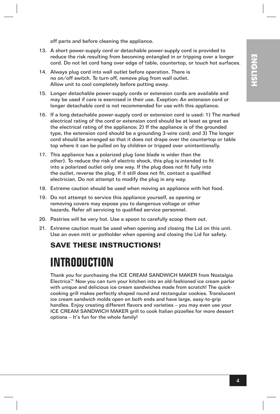 Introduction, English, Save these instructions | Nostalgia Electrics ICS100 User Manual | Page 6 / 16
