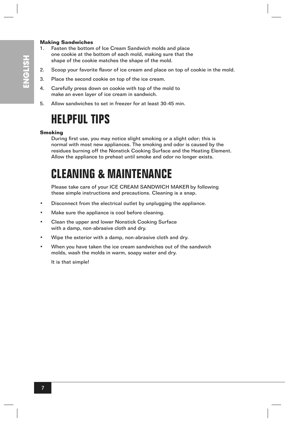 Helpful tips, Cleaning & maintenance, English | Nostalgia Electrics ICS100 User Manual | Page 9 / 16