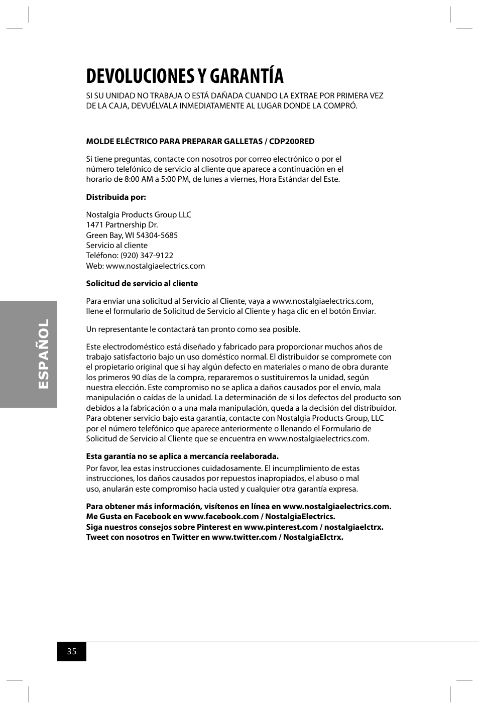 Devoluciones y garantía | Nostalgia Electrics CDP200 RED User Manual | Page 37 / 54